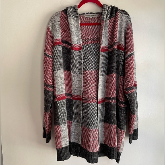 Absolutely Famous Sweaters - Absolutely Famous Plaid Knit Open Cardigan Hoodie Size 1X